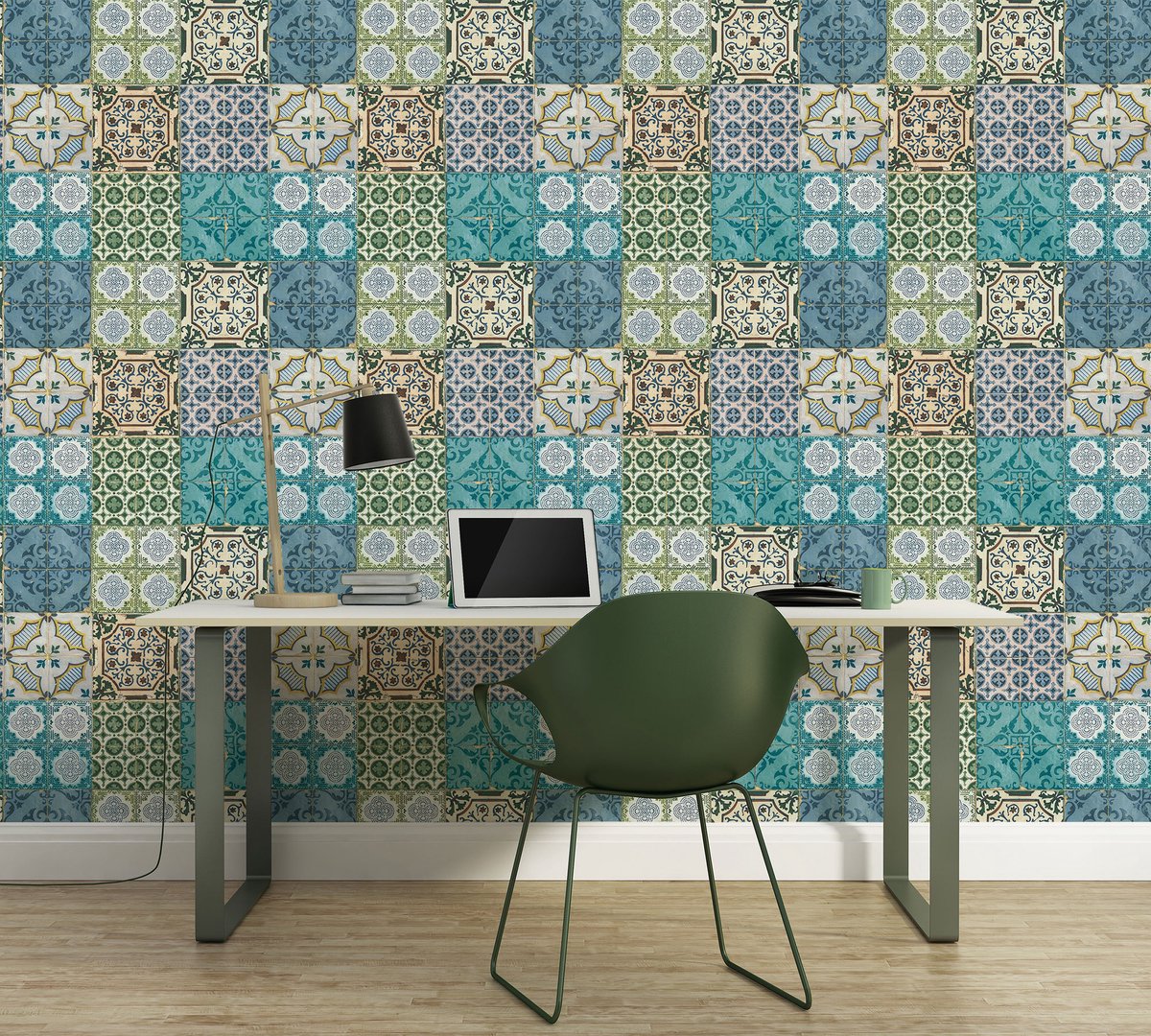 Retro behang Klassiek behang Behang retro Keuken behang Vliesbehang Blauw Geel Groen 364851 | Koop behang bij BRICOFLOR