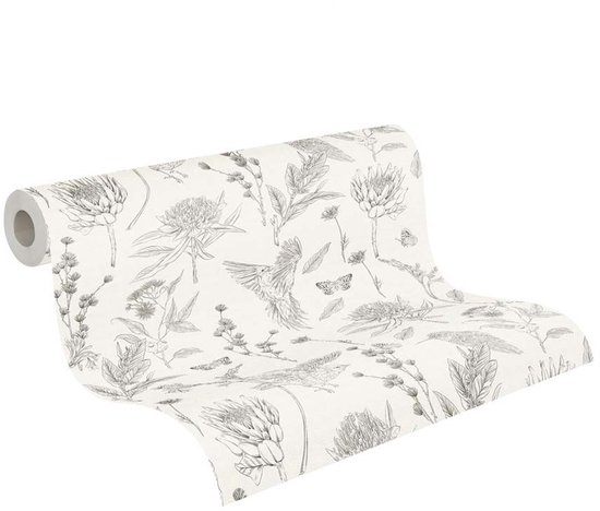 Fond d'écran oiseaux et papillons | Botanique et Animaux - Wit Zwart - Murs Living dessinés dans la Nature