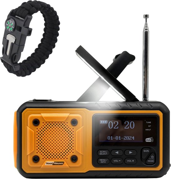 Draagbare Noodradio – DAB+/FM met Bluetooth – 5000mAh Powerbank, LED Zaklamp & Leeslamp – Dynamo & Zonnepaneel – Inclusief Survival Armband – Rampenradio voor Noodgevallen & Kamperen