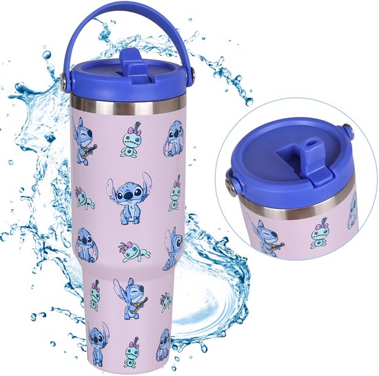 Foto: Disney stitch grote thermische mok met deksel en mondstuk roestvrij staal reismok met handvat 1 18l