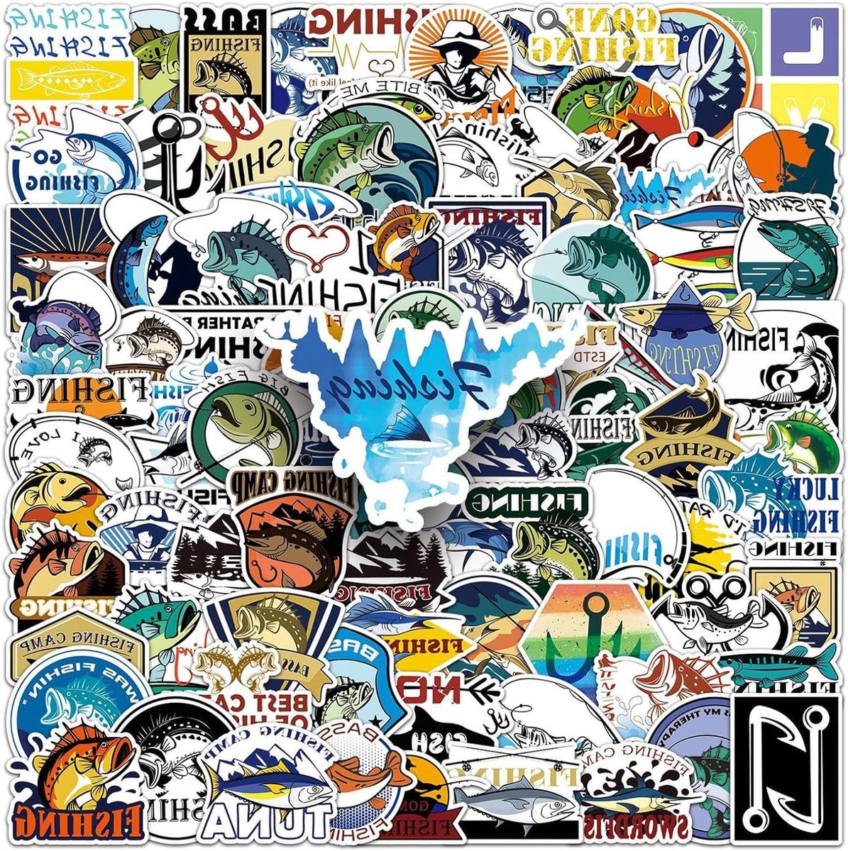 Visstickerset - 100 stuks - Hengelstickers - Go Fishing Club - Stickerpakket - Waterdichte PVC-stickers - Voor Back of Laptop Campingbox Scooter Telefoonhoes - Sportfles Koffer Fietsen