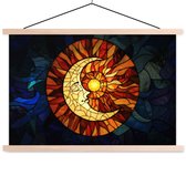 Posterhanger incl. Poster 120x80 cm - Schoolplaat - Mozaïek - Glas - Maan - Donkerblauw - Textielposter - Blanke latten