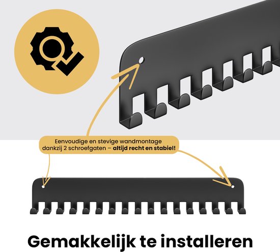 Detail van een zwarte medaillehouder met 17 haken. "Gemakkelijk te installeren."