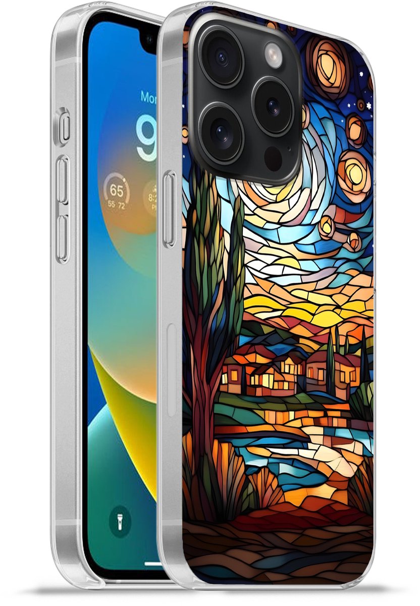 Telefoonhoesje Geschikt voor iPhone 15 Pro hoesje - Hemel - Sterren - Mozaïek - Huizen - Siliconen Telefoonhoesje Telefoonhoesje