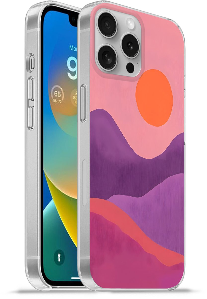 Telefoonhoesje Geschikt voor Apple Iphone 16 Pro Max hoesje - Zon - Heuvels - Paars - Abstract - Siliconen Telefoonhoesje Telefoonhoesje