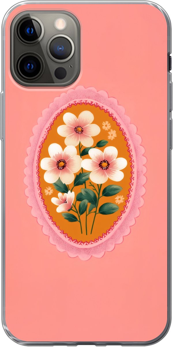 Telefoonhoesje Geschikt voor iPhone 12 Pro hoesje - Illustratie - Bloemen - Rand - Roze - Siliconen Telefoonhoesje Telefoonhoesje