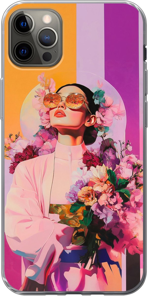 Telefoonhoesje Geschikt voor iPhone 12 Pro Max hoesje - Portret - Vrouw - Abstract - Bloemen - Siliconen Telefoonhoesje Telefoonhoesje