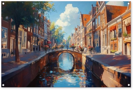 Tuinposter 120x80 cm - Tuindecoratie Stad - Gracht - Zon - Fietsen - Poster voor in de tuin - Buiten decoratie - Schutting tuinschilderij - Tuindoek muurdecoratie - Wanddecoratie balkondoek