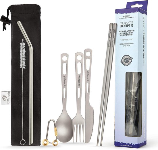 Extra Sterke Ultra Lichtgewicht Titanium Bestekset - 3-4-5 Stuk Rietjes Eetstokjes Mes Vork Lepel Set voor Thuisgebruik-Reizen-Kamperen Bestekset in Koffer (Standaard 5-delige Bestekset) — afbeelding 3
