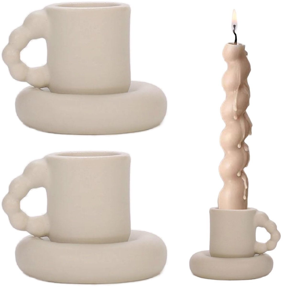 Ibenzoa Klassieke Keramische Kandelaar Set van 2 met Handvat voor Sfeervolle Decoratie wit