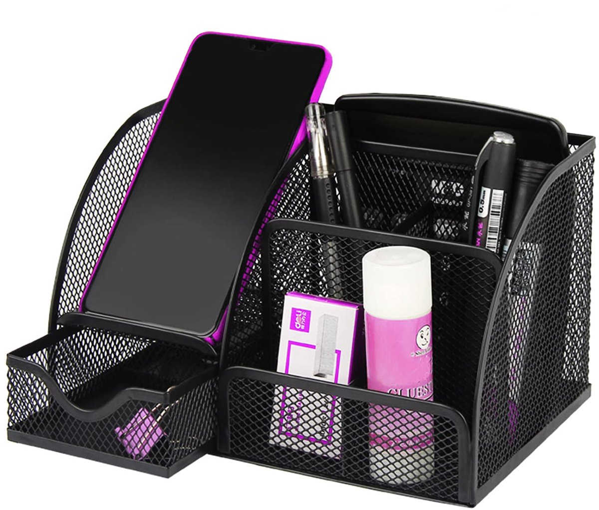 Ibenzoa® Bureau-organizer met multifunctionele opbergvakken en zwart metalen pennenhouder voor kantoor en thuis