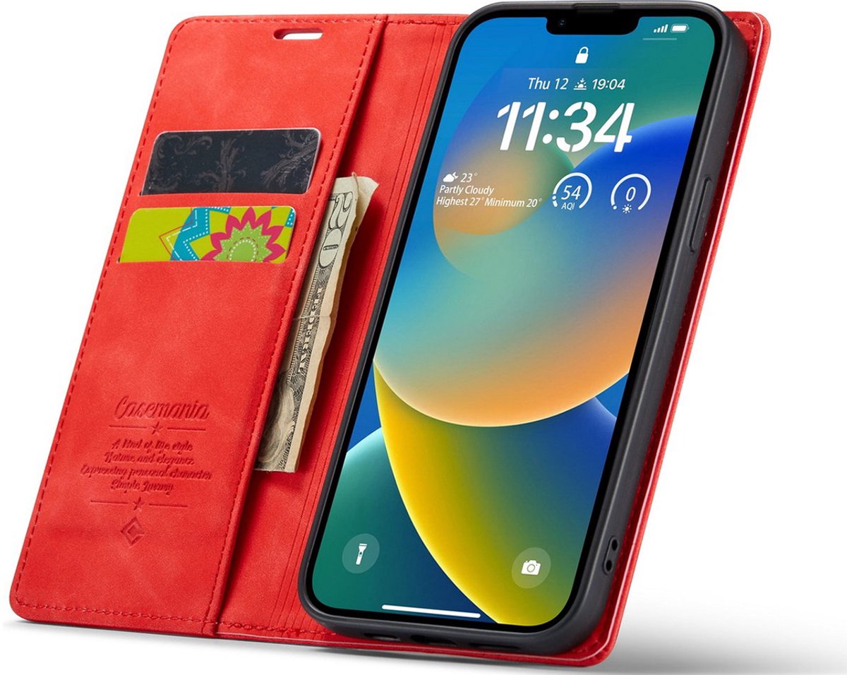 CaseMania Bookcase hoesje geschikt voor iPhone 14 - Effen Rood - Kunstleer