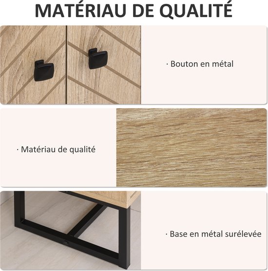 Details van een houten kast: zwarte metalen knoppen, houtnerf textuur en een verhoogde metalen basis.