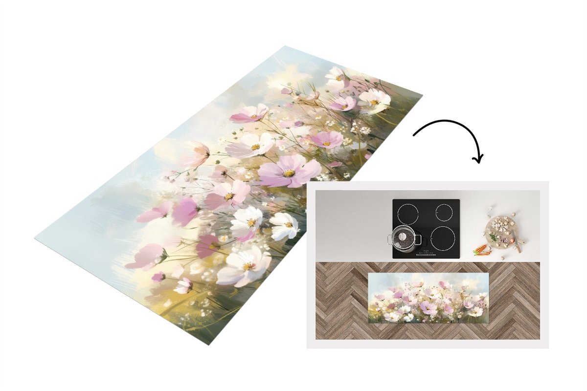KitchenYeah Keukenloper 120x50 cm - Keukenmat vinyl Bloemenveld - Lichte tinten - Geschilderd - Keukenmatten loper - Keuken vloerkleed tapijt