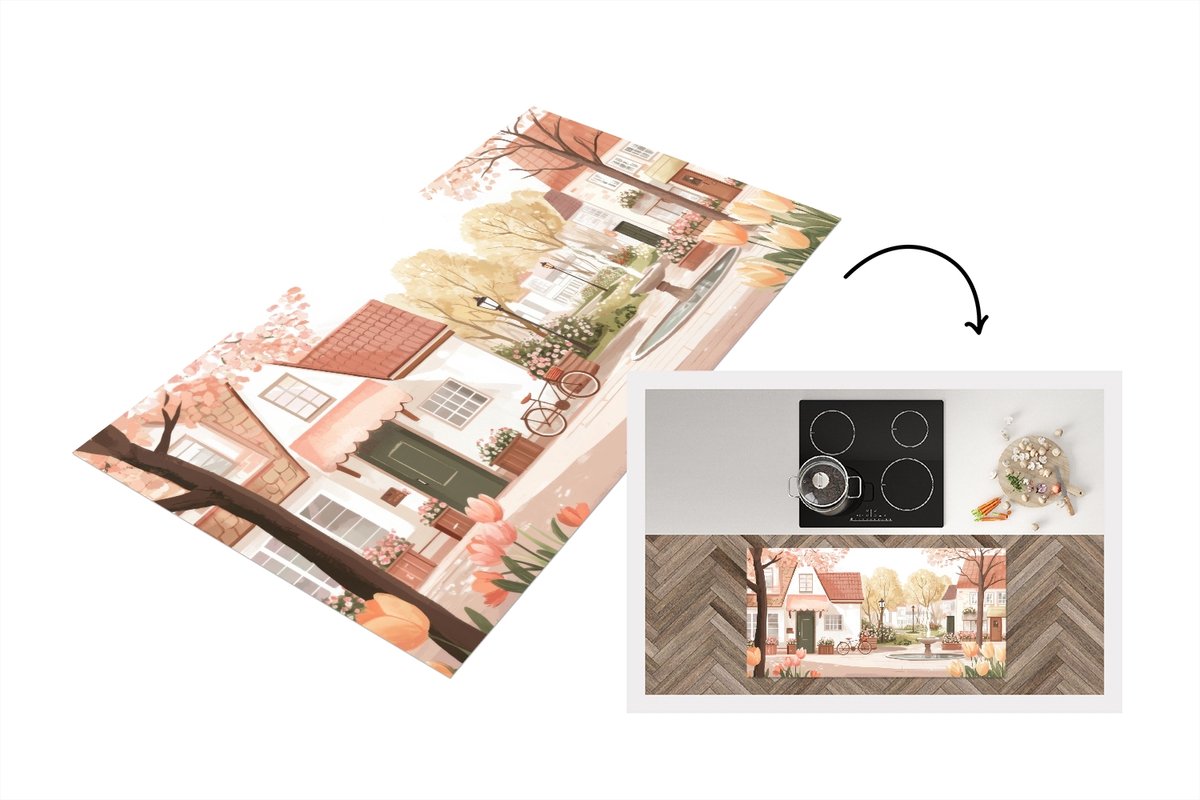 KitchenYeah Keukenloper 120x60 cm - Keukenmat vinyl Dorpsplein - Fontein - Tulpen - Keukenmatten loper - Keuken vloerkleed tapijt Huisjes - Plein