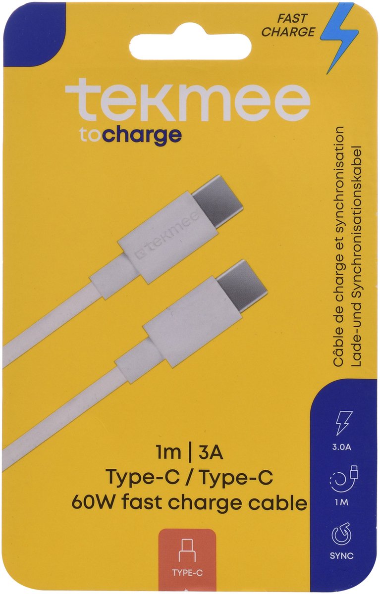 Tekmee oplaadkabel USB-C Fast Charge 1 meter multicolor.