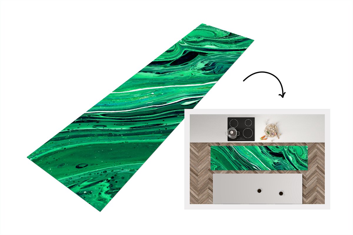 KitchenYeah Keukenloper 240x60 cm - Keukenmat vinyl Marmer - Olieverf - Groen - Keukenmatten loper - Keuken vloerkleed tapijt