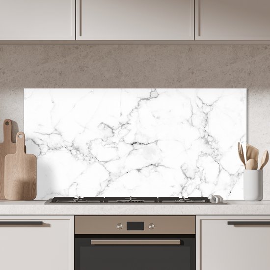 Spatscherm Keuken - Kookplaat Achterwand - Spatwand Fornuis - 120x60 cm - Marmer print - Wit - Grijs - Luxe - Marmerlook - Structuur - Aluminium - Wanddecoratie - Muurbeschermer - Hittebestendig - Spatwand