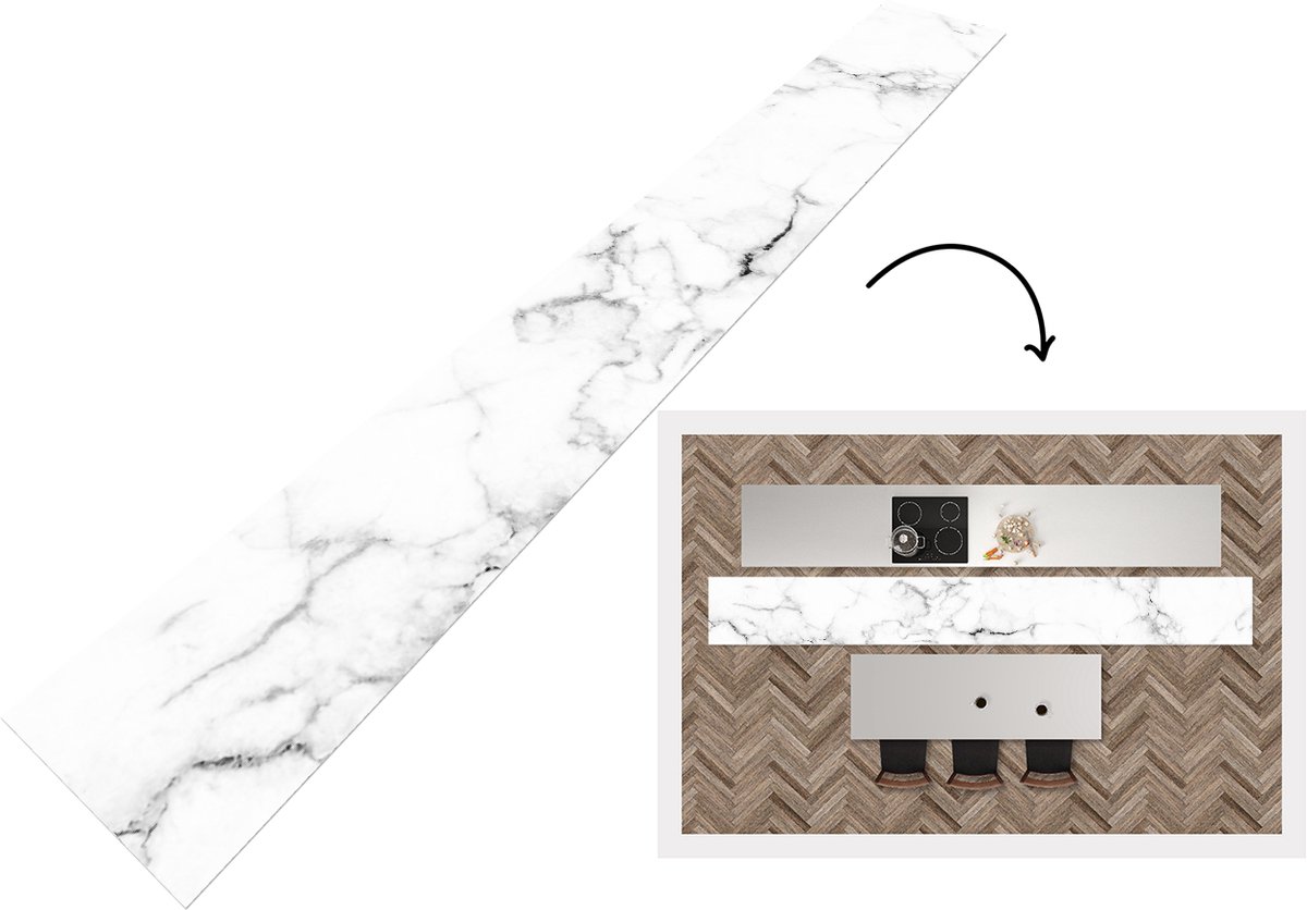 KitchenYeah Keukenloper 400x50 cm - Keukenmat vinyl Marmer - Wit - Grijs - Luxe - Marmerlook - Structuur - Keukenmatten loper - Keuken vloerkleed tapijt