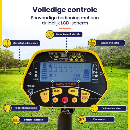 Gele metaaldetector met LCD-scherm en functies zoals gevoeligheid en diepte-indicatie. Tekst: 'Volledige controle'.