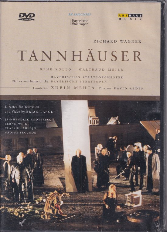 DVD-cover van Tannhäuser, opera van Richard Wagner, met op de voorgrond een scène met veel mensen in kostuums.