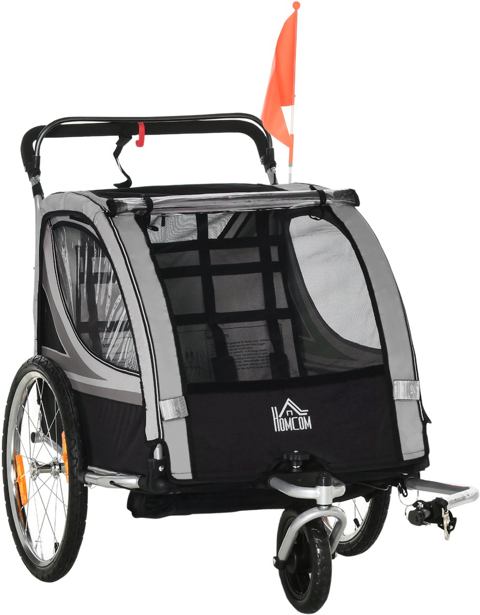 HOMCOM-Kinderfahrradanhänger-Stahl, Polyester-142L x 75B x 101H cm-Grau+Schwarz