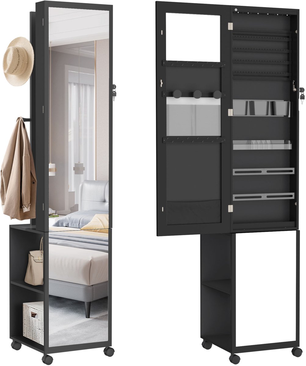 Aufun Hangende make-upkast – afsluitbare 2-in-1 wandspiegel en sieradenorganizer – make-upspiegel – kaptafel – met wielen – zwart