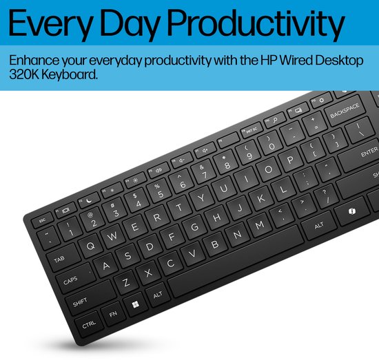 Close-up van een zwart HP toetsenbord met standaard QWERTY-indeling.