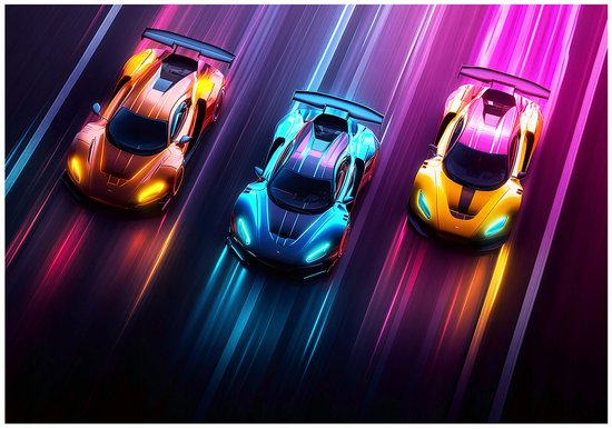 Drie neon raceauto's (oranje, blauw, geel) racen op een donkere baan met kleurrijke lichtstralen.