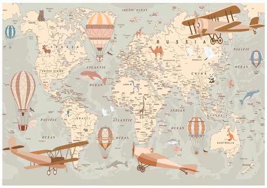 WALLARENA - Fotobehang - 150x105 cm - wereldkaart met dieren voor kinderkamer