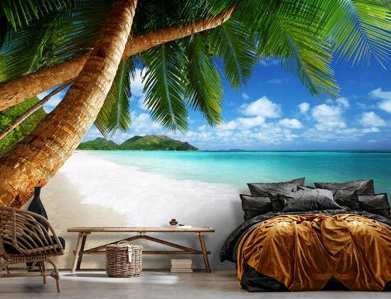 WALLARENA - Fotobehang - 200x140 cm - Fototapete van strand, zee en palmen voor slaapkamer en woonkamer