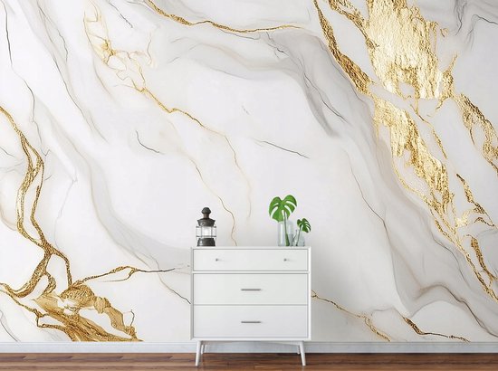 WALLARENA - Fotobehang - 400x280 cm - Fototapete met wit marmer en goud voor slaapkamer en salon, vliesbehang