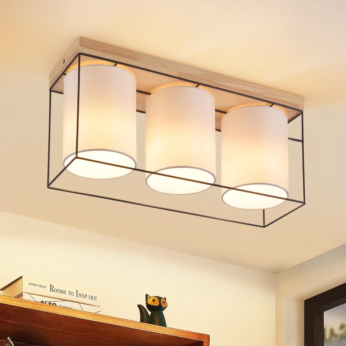 NETTLIFE Plafondlamp Hout – E14 Fitting - 3-Lichts - met Stof Lampkap - Vintage Ganglamp – voor Slaapkamer | Woonkamer – Max. 25 W-excl. lichtbron