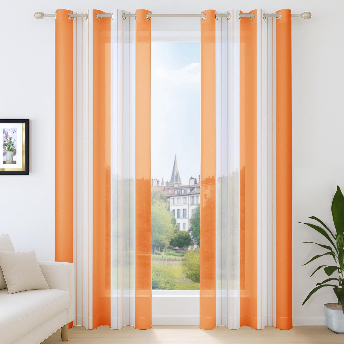 Ibenzoa Gordijnen met linnenlook en strepenpatroon, semi-transparant voor woonkamer, set van 2, oranje, 183 x 140 cm