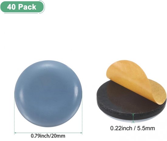 Eén grijs meubeldopje van 20mm breed en één dopje met teflon, EVA-schuim en zelfklevende achterkant van 5,5mm dik. Tekst: 40 Pack, 0.79inch/20mm, 0.22inch / 5.5mm.