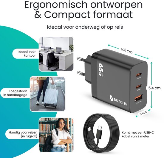 Compacte zwarte Siltcon 65W GaN oplader met afmetingen, ideaal voor kantoor, handbagage en rugzak reizen.