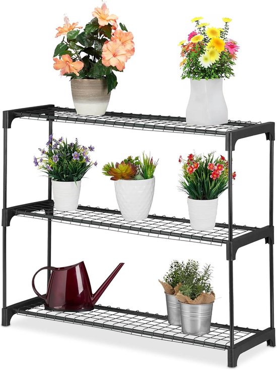 Plantenrek 3 etages voor bloem- & plantenpotten binnen - HxBxD: 72 x 91 x 28 cm zwart