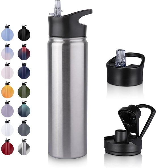 Geïsoleerde waterfles - 750 ml met rietje en uitloopdeksel - dubbelwandig, lekvrij