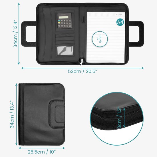 Portefeuille Organisateur A4 Zippé En Cuir PU - Pour Dossiers De Conférence, Avec Calculatrice, Poches Cartes Et Bloc-notes