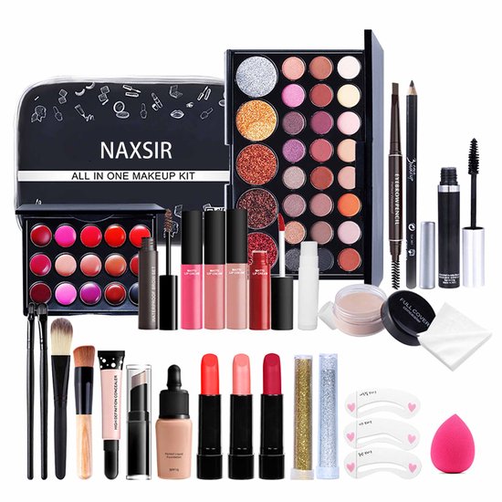 NAXSIR Veelzijdige Alles-in-Een Make-up Set - 27-Delige - Waterproof Formule - Beginner Kit - Met Lippenglans, Oogschaduw & Borstels