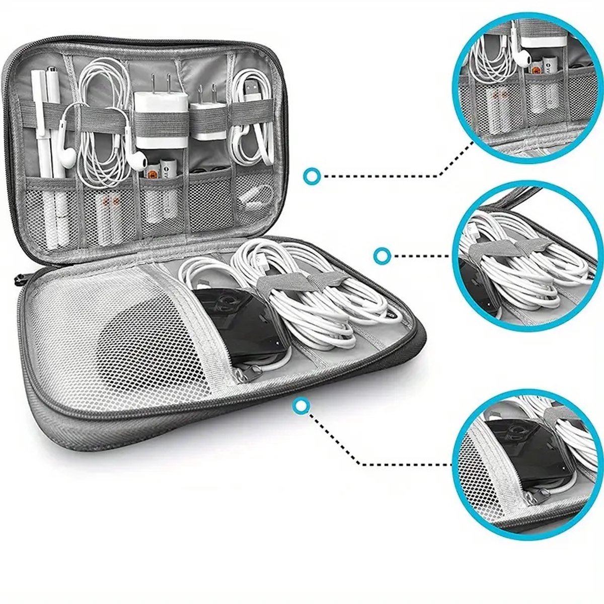 Travel Kabel Organizer Tas - Grijs - Opbergtas voor Kabels en Accessoires - Feestdagen - Cadeau - Sinterklaas - Kerstmis - Draagbare reisetui - USB-datakabels, opladers, stekkers en andere elektronische accessoires - opbergtas