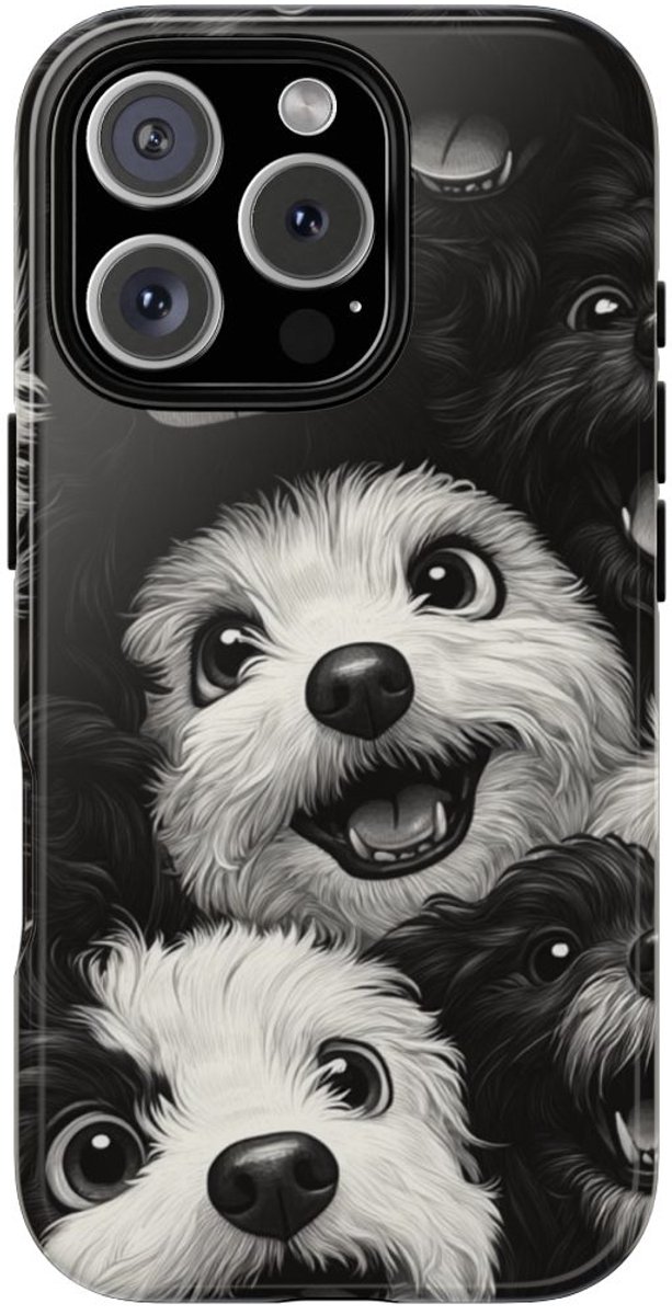 Zwart-Wit Vrolijke Hondenkoppen Patroon – Telefoonhoesje Geschikt voor iPhone 16 Pro