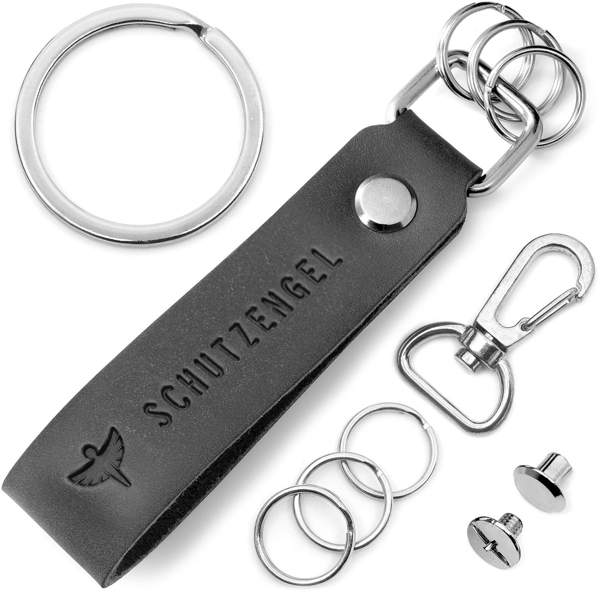 FABACH leren sleutelhanger met verwisselbare sleutelhanger in geschenkverpakking - Autosleutelhanger met gravure beschermengel - Geluksbrenger voor auto, rijbewijs - Rijd voorzichtig