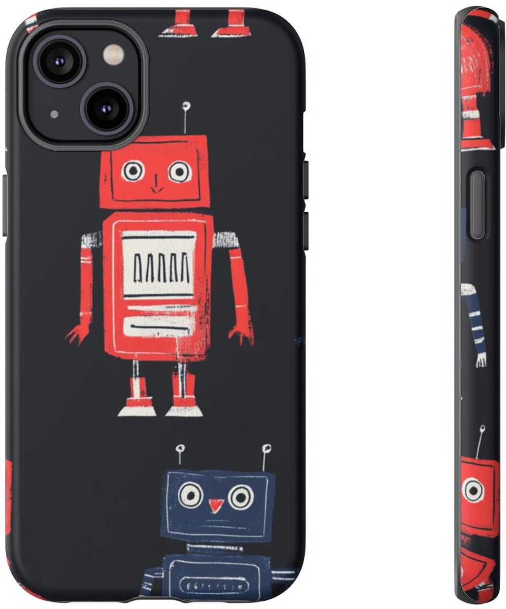 Retro Robotpatroon in Rood en Blauw – Telefoonhoesje Geschikt voor iPhone 14 Plus