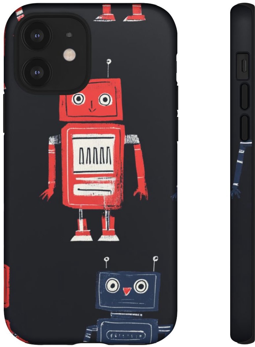 Retro Robotpatroon in Rood en Blauw – Telefoonhoesje Geschikt voor iPhone 12