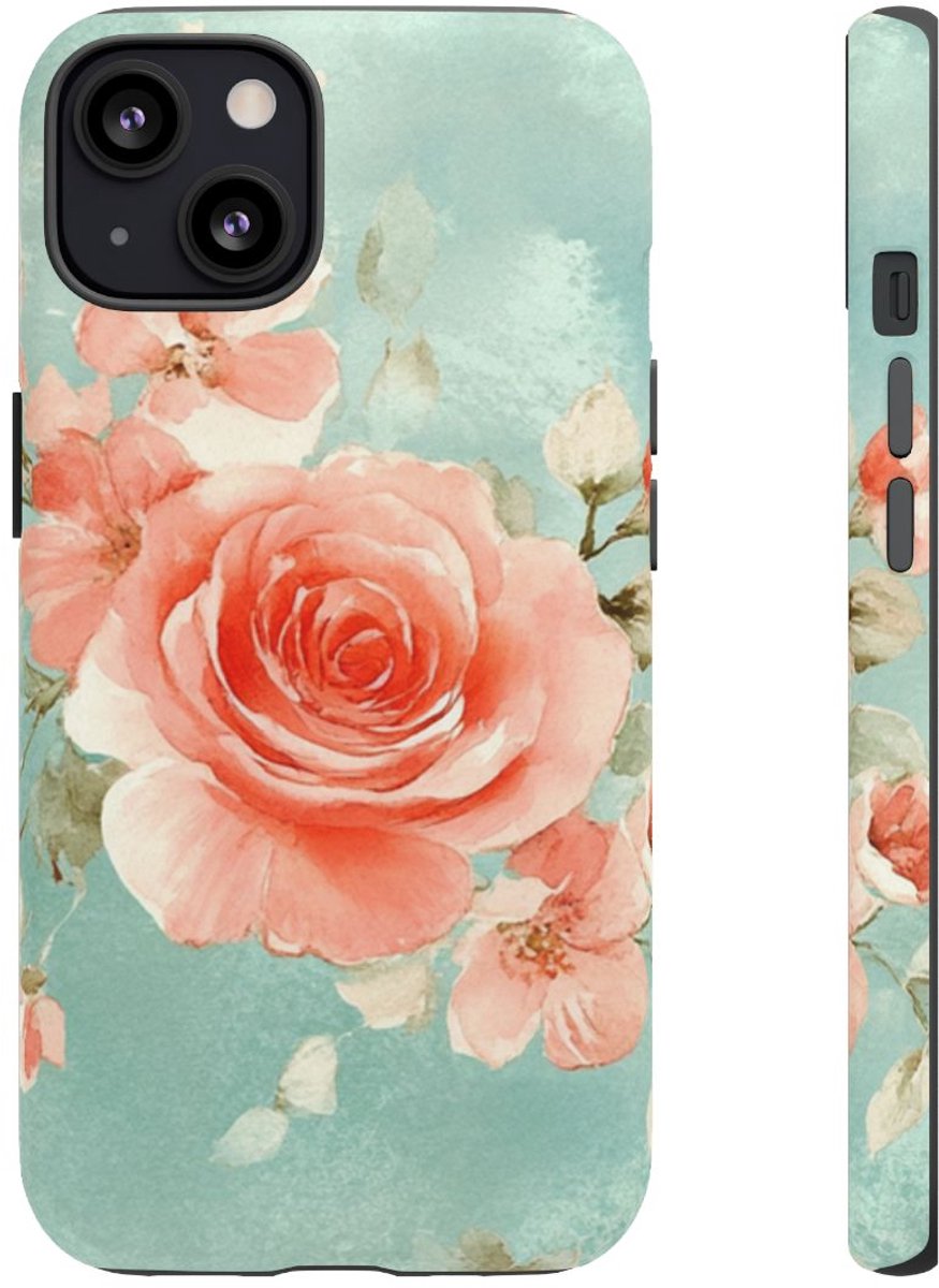 Aquarel Roze Rozen op Turquoise Achtergrond – Telefoonhoesje Geschikt voor iPhone 13