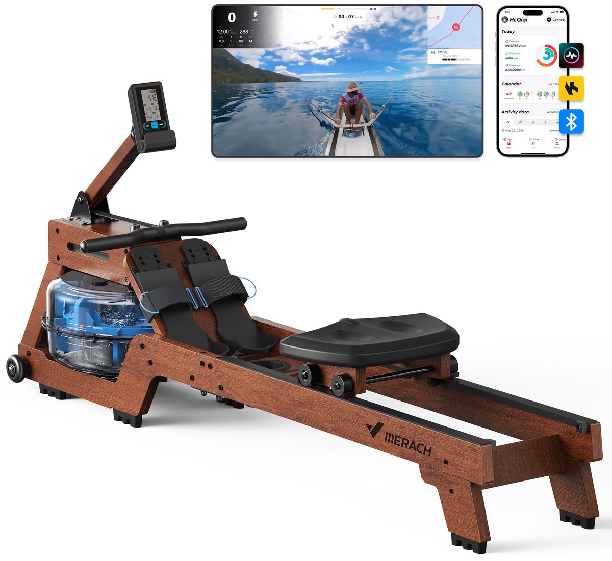 MERACH Waterweerstand roeimachine voor thuis - Roeitrainers met ergonomisch zitje - Professionele Bluetooth-monitor met tablet-houder - Ideaal voor full-body training - Stille werking en realistisch watergevoel - Geschikt voor alle fitnessniveaus - MERACH - €332,99