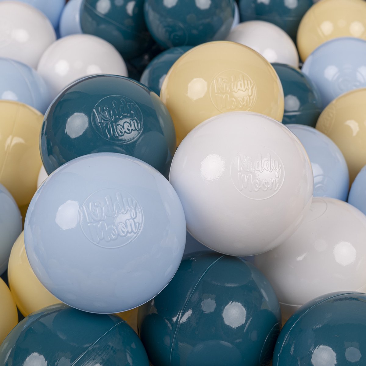 KiddyMoon 300 ballen/7cm kinderballen speelballen voor ballenbad baby éénkleurige plastic ballen made in eu, donker turquoise/pastelblauw/pastelgeel/wit
