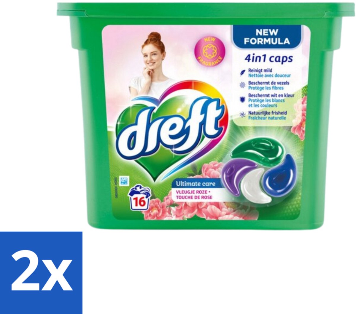Dreft - Nieuwe Formule - Wasmiddelcapsules 4in1 - Witte en Gekleurde Was - Vleugje Roze - 16 Wasbeurten - Voordeelverpakking - 2 stuks