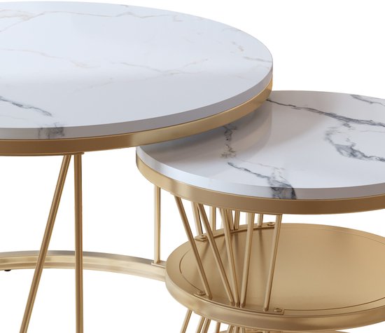 2 tables basses rondes, 70x45cm, 45x45cm, table avec plateau blanc et support de pied noir, table basse ronde intégrée dans le côté du canapé (plateau blanc + pied doré)